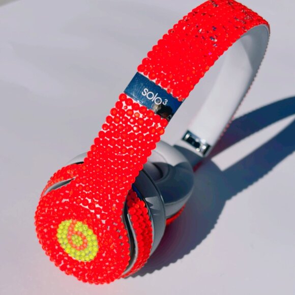 Beats by Dre Accessories - Solo 3 Wireless Bedazzled Beats with Neon Orange Rhinestones | Glow in The Dark